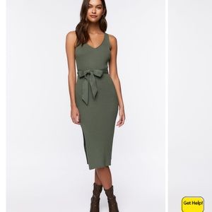 Belted Ribbed M-Slit Midi Dress